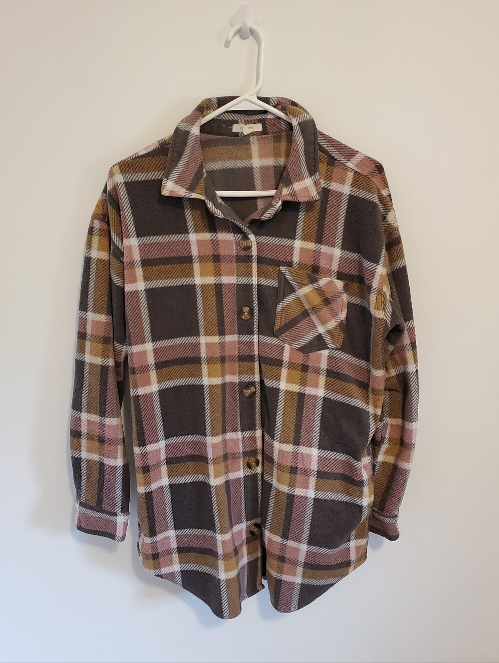 Maurices Fall Plaid Shirt Jacket Soft Medium Pink Gray Brown